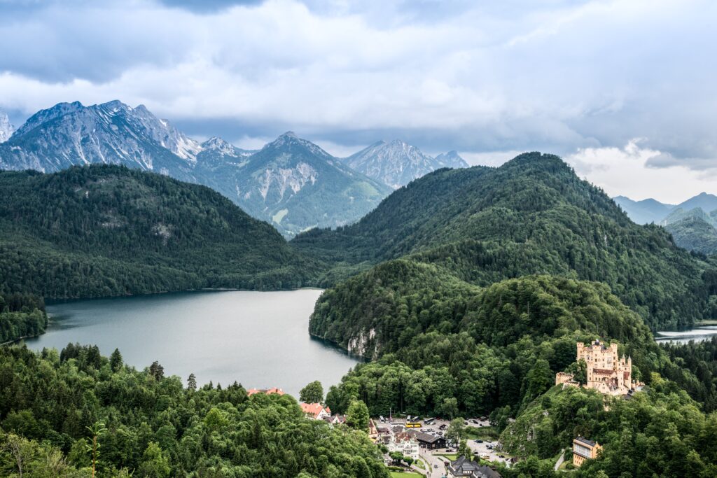 The view from the hills of Neuschwanstein Castle, looking across to Hohenschwangau Castle and Alpsee