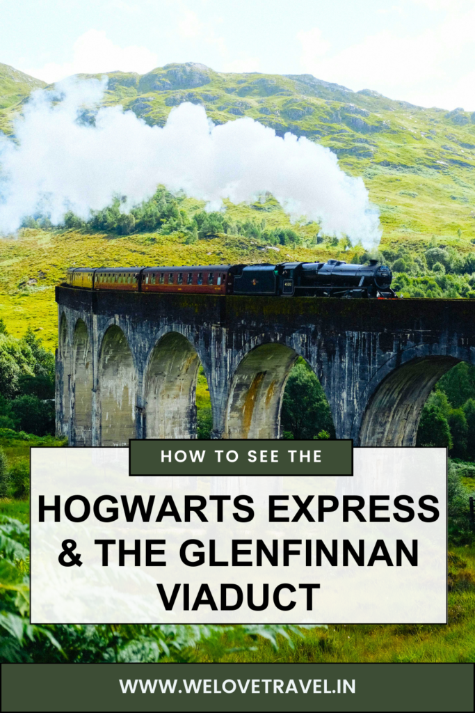 Pinterest pin for info on how to visit the Glenfinnan Viaduct viewpoint, looking towards the train crossing the Harry Potter Railway Bridge