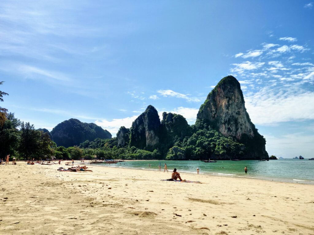 Best beaches in Krabi - view of the white sandy Railay Beach with the limestone cliffs