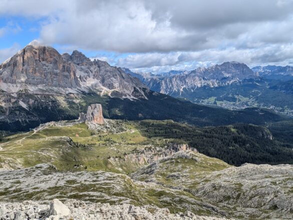 View of the Cinque Torri hike from Rifugio Nuvolau